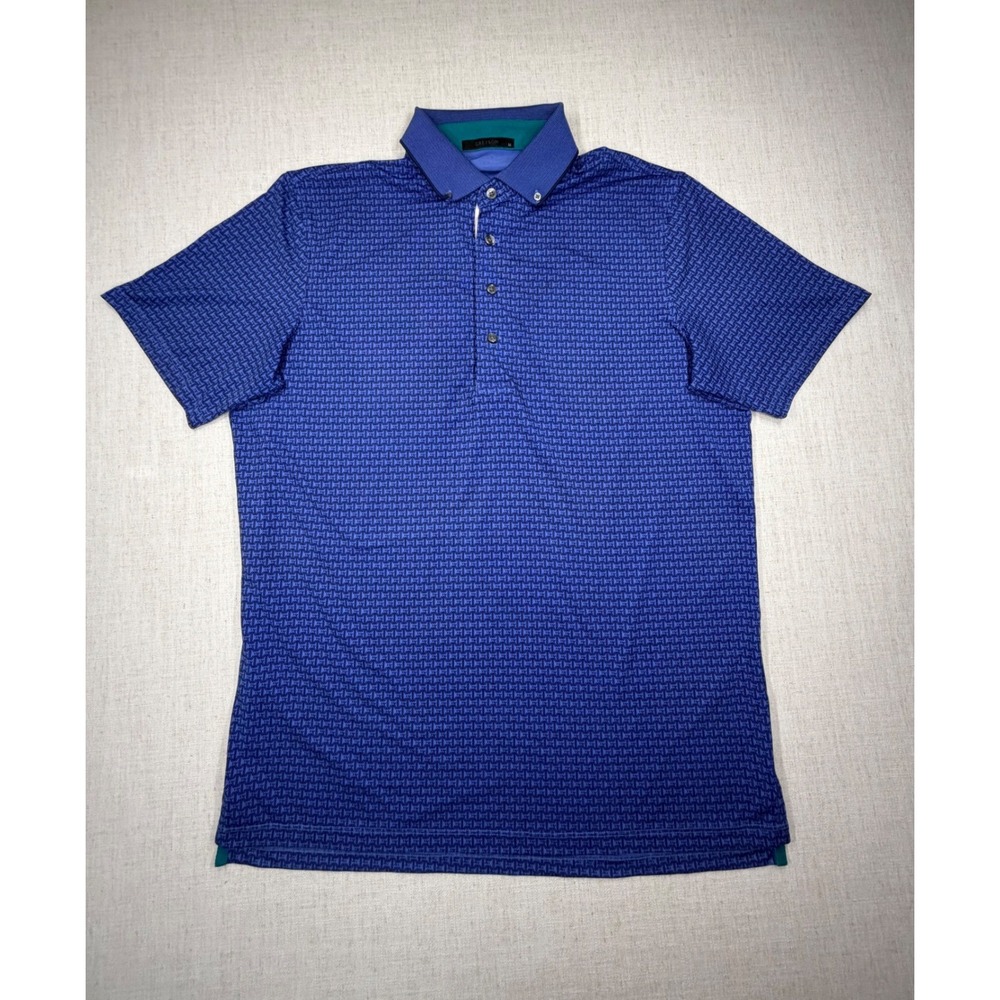 Greyson Mens Blue Geometric Monogram Print Golf Polo Shirt Size Medium